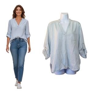 Takara Womens Popover Top Size XL Blue V-Neck 3/4 Roll Tab Sleeve Pullover